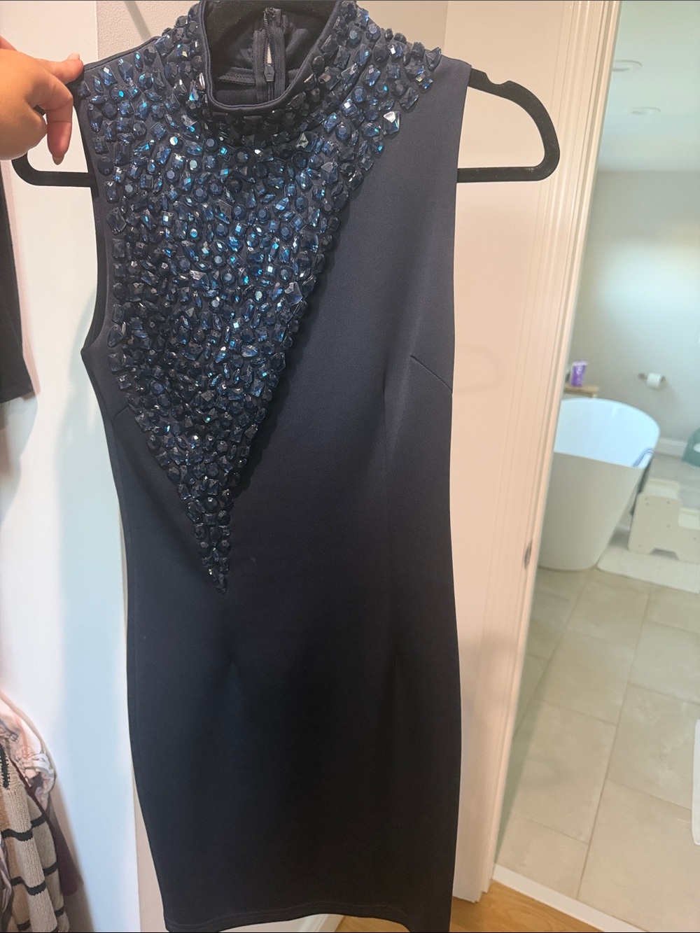 Armani Exchange Dark Navy One-Shoulder Dress with Beaded High Neck